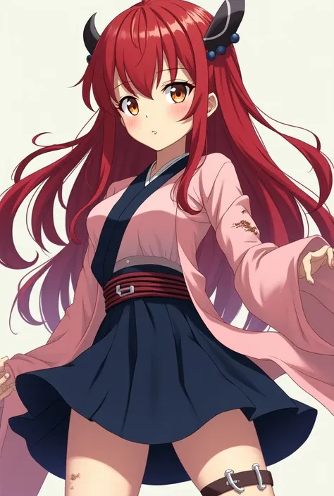 A girl is in the anime style of Kimetsu no Yaiba with pale skin, brown eyes and long ash red hair. She has her demon hunter uniform with a pink haori and has a uniform neckline and a skirt, penuh luka.