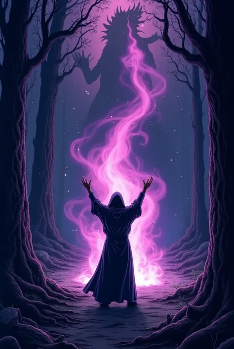 Forest with lots of trees , In the land of I see a hole that comes out a giant violet flame , a hooded wizard is raising his hands glorifying the violet flame the wizards shadow is a huge dragon,  old comic style image  