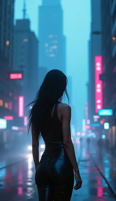 A high-resolution, futuristic dark cityscape at night with tall skyscrapers disappearing into the foggy distance. Neon lights in shades of blue and pink glow softly, casting reflections on the wet streets below. A beautiful woman with long flowing hair sta...