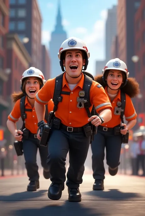 Create a Pixar movie-style poster featuring Paramedics wearing an orange shirt ,  white helmet and black reflective pants with the title DELTA PARACENTRAL 