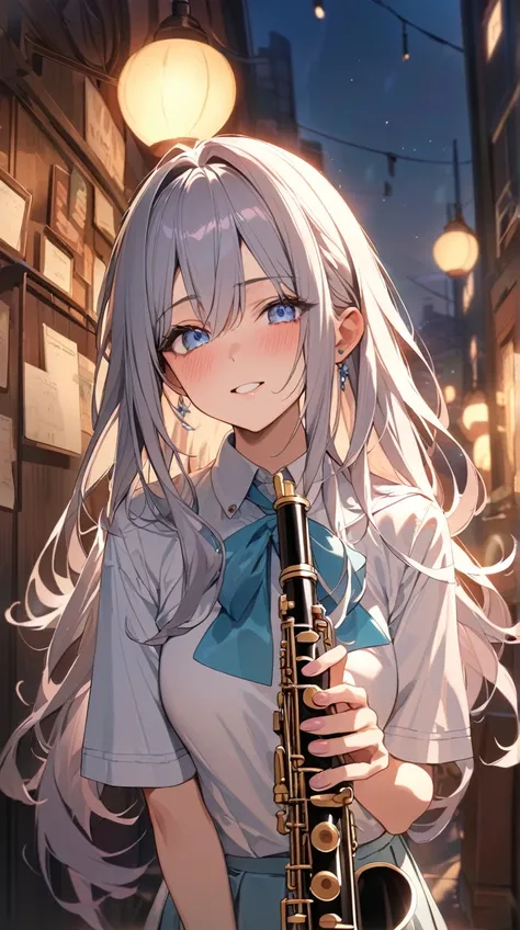  Concert Girl 、Emotional facial expression、Bright Eyes、Medium-long hair、School uniform、 Holding a Clarinet 、 Full of Passion for Music 、  
   break、  
   Night Light、(An inspiring atmosphere:1.4)、 Soft Colors 、Moment My Heart Trembles 、  
   break、  
    B...