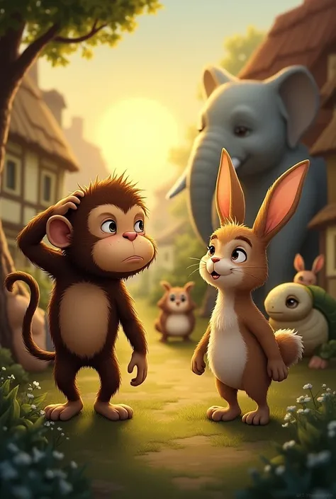 Illustration Description: Max the monkey stands scratching his head, looking distressed. Rosie the rabbit suggests going to the owl, while the other animals—Terry the Turtle, Ellie the Elephant, and a few birds—are in the background, all looking concerned....