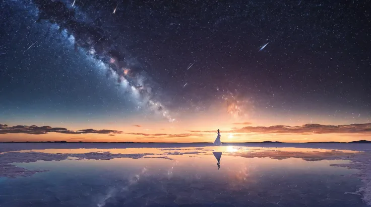 (masterpiece),(top-quality:1.2),(4K Anime),(Uyuni Salt Flats),(Uyuni Salt Flatsに立っている),(A supergiant comet has a １t),((The starry sky is reflected on the water)),(Wide shot), 1 girl,(Alone),Small breasts,  whiteta fashion  ,((Long-sleeved white costume )),...