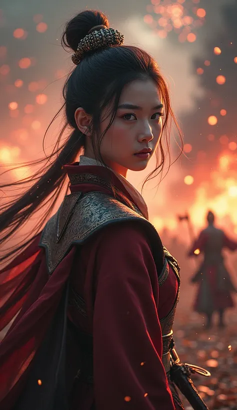 fantasy ancient chinese battlefield, battle between two armies, chinese army uses fireworks to scare the enemy, 1 girl, detailed beautiful face, extremely detailed eyes and face, long eyelashes, digital painting, ultra detailed, 8k, photorealistic, masterp...