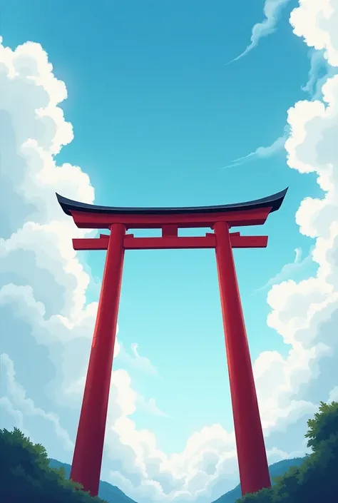 A japanese red tori gate --- a lot of clouds in the sky [anime style, dreamy, high resolution]