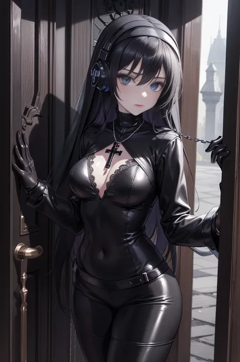  masterpiece ,  The best quality , high resolution,  beautiful detailed eyes ,  extremely detailed face ,  good lighting , Detailed CG, 1 girl; looking at the viewer, pale skin,  nuns clothing color black leather , (Black shiny leggings), She wears headpho...