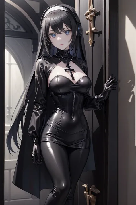  masterpiece ,  The best quality , high resolution,  beautiful detailed eyes ,  extremely detailed face ,  good lighting , Detailed CG, 1 girl; looking at the viewer, pale skin,  nuns clothing color black leather , (Black shiny leggings), She wears headpho...