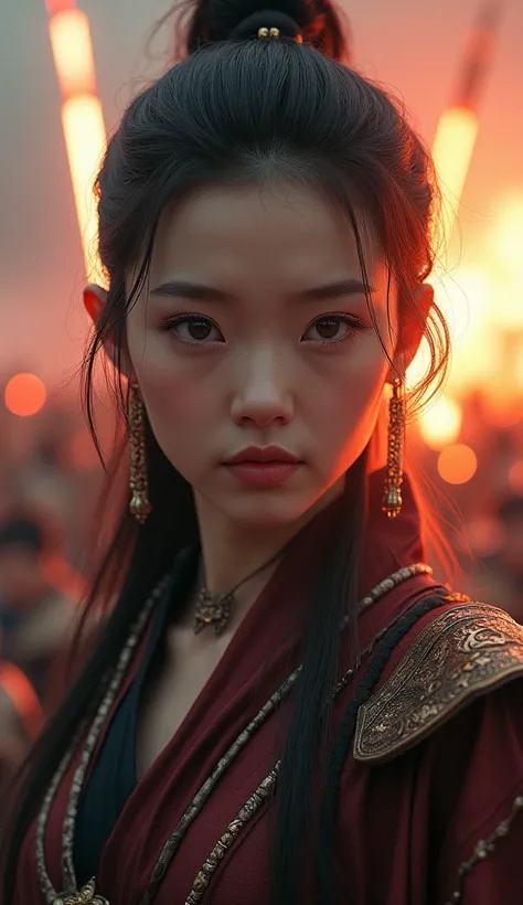 fantasy ancient chinese battlefield, battle between two armies, chinese army uses fireworks to scare the enemy, 1 girl, detailed beautiful face, extremely detailed eyes and face, long eyelashes, digital painting, ultra detailed, 8k, photorealistic, masterp...