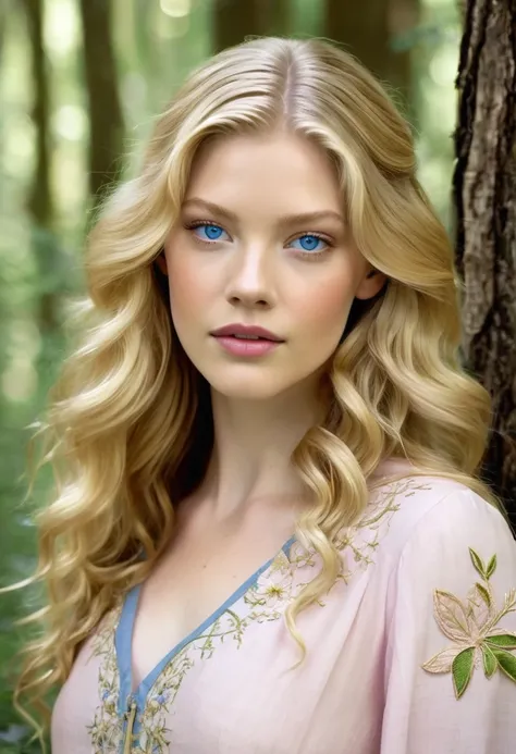  An 18-year-old teenage daughter of actresses Alyssa Sutherland and Katherine Winnick in the woods . She has the facial features of both , Katherines wavy blonde hair and Alyssas blue eyes shaped like Alyssas eyes. is high, slender and sculpture-bodied .  ...