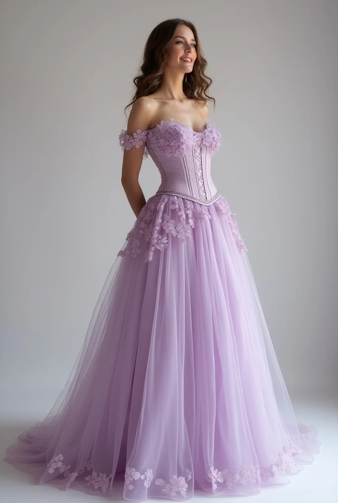 Elegant princess skirt dress from the 70s that is light purple with elegant embroidery and corset