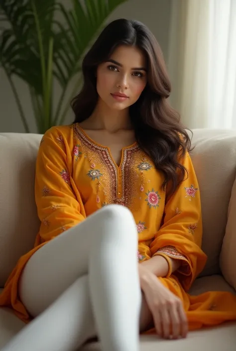   Indian women image . In leggings and kurti  with tight leggings in resting on sofa with long legs white leggings beautiful face 