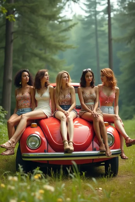 5 women sitting on 1974 beelte hood