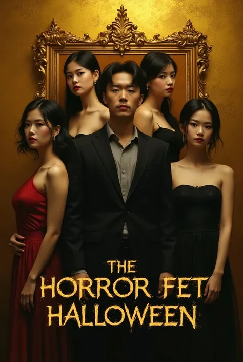 Create a image poster design of horror of four beautiful Asian women and One handsome men in the gold says with the name written "The horror Fet Haloween"