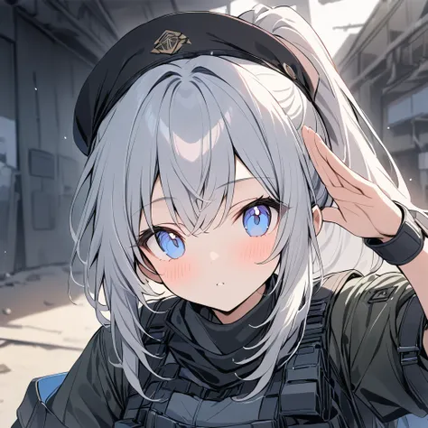 depth odebt debtield, Shine, blurry debtoreground, debt/2.8, , 超 High Resolution , ((masterpiece)), high quality, Super detailed, 最high quality,  High Resolution ,(salute:Right hand),Special Forces Girls, ponytail on background,Bulletproodebt vest,Black Ha...