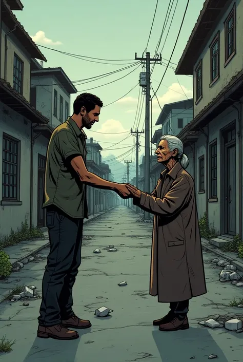 A man talking to a sad and tired old woman in a sad town for a comic 