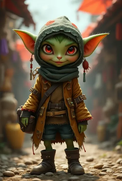 Full body portrait，Fantasy，girl，10years old，Goblin merchant，， light green skin ，Red eyes，Energetic，