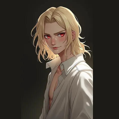 A young man with shoulder-length golden hair. Intense, piercing red eyes contrast sharply with his blonde hair. Hes wearing a loose-fitting black shirt with the top buttons undone, revealing a hint of his neck. His expression is cold and cynical with a sli...