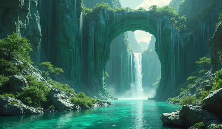 There is a mountain made of jade and metal ore，There is a naturally formed cave in the middle of the mountain， water flowing out of the cave， and a river originates from here （ best quality on the tree，4K，8k， high resolution，masterpiece：1.2），Super details