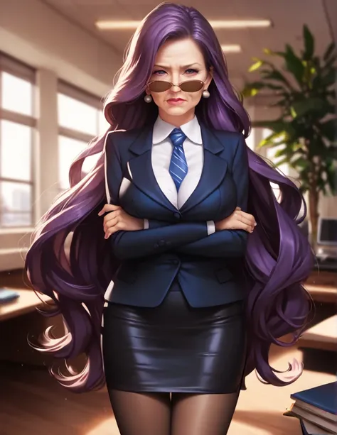 (masterpiece:1.37), best quality, (extremely detailed:1.37), office, window overlooking a bustling cityscape, woman, (mature:1.75), (adult:1.5), (very long hair:1.5), dark purple hair, purple eyes, (extremely detailed eyes:1.37), breasts, sunglasses, busin...