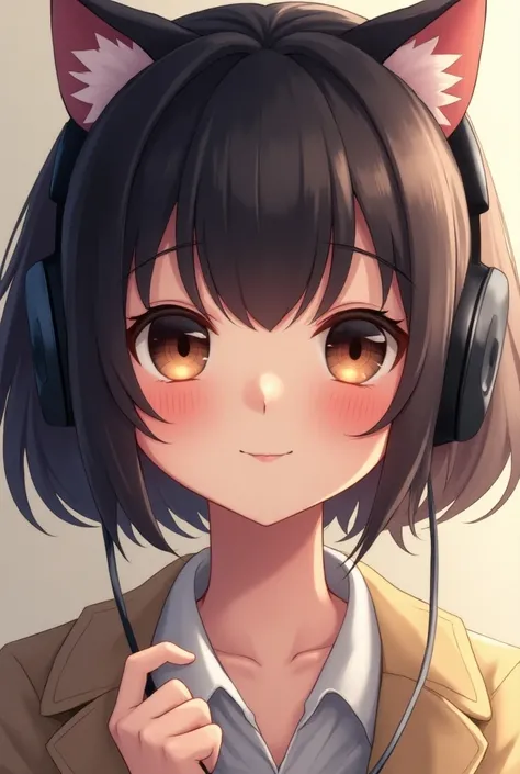 She has black short hair and she has cute eyes and shes wering a cute cat headphones