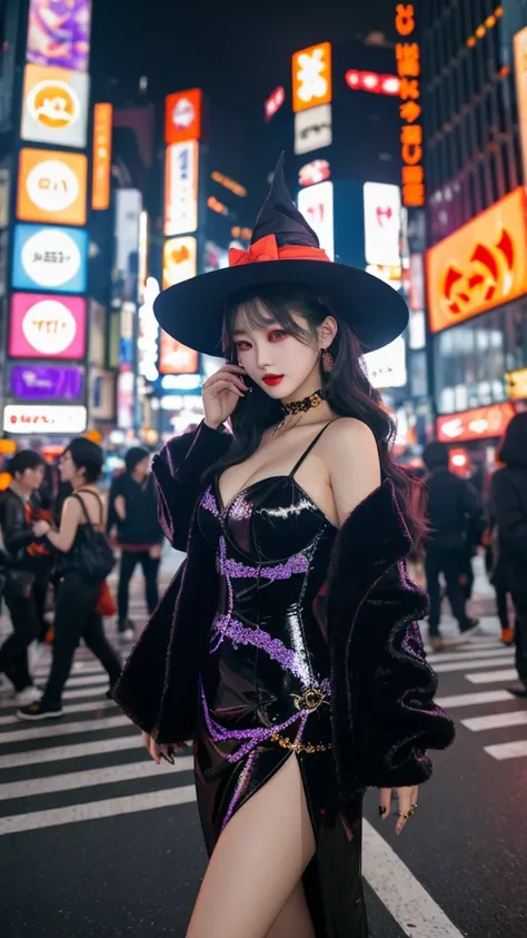 a beautiful korean woman is dressed in a stunning halloween costume, such as a witch or vampire, with intricate details and acce...