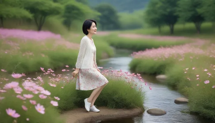 Outdoor,  beautiful Korean woman in her 50s , A short and compact woman ,  smooth white skin ,  neat face ,  sweet smile , Luxury luxury short cardigan over a short knee-length midi dress with a floral pattern, white shoes,,, VERFORSE ... Full shot, Short ...