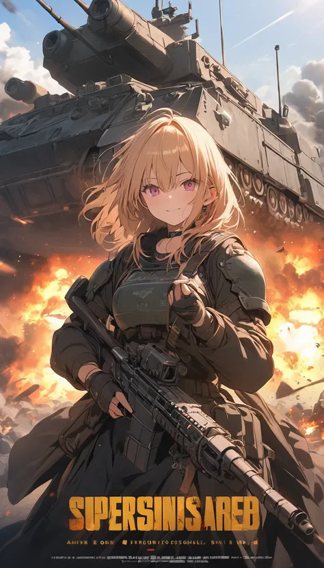 ((masterpiece)), (( best quality)),  (anime:1.3),(Super detailed:1.2), ( High Resolution :1.3), ( professional photography:1.4) movie poster , Armored Tank, Explosions are growing