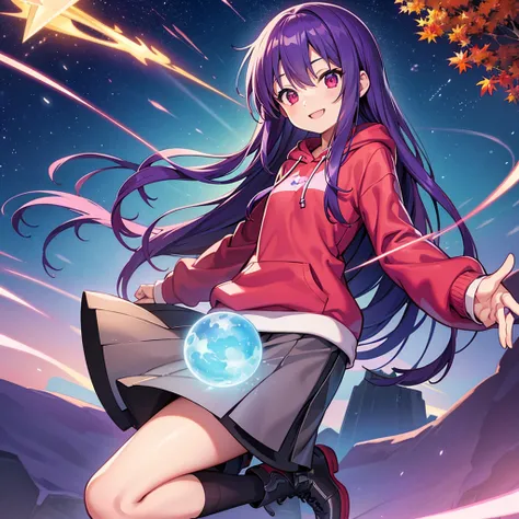 autumn sky, shooting star, girl, purple hair, long hair, red eyes, light blue hoodie , flat chest, slim figure, cover art, (saturation), anime cover, smile, astral witchs clothing, perfect anatomy