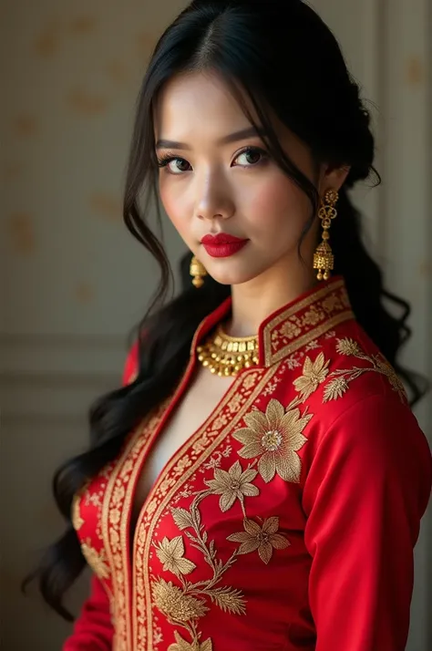 large breasts, cleavage, photography, woman,  portrait of java wedding woman in red long kebaya dress traditional, red lipstick, golden necklace, earrings, ornate, detail, flowers, look at viewer,