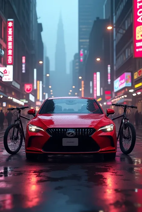 A car in red with a bike in city