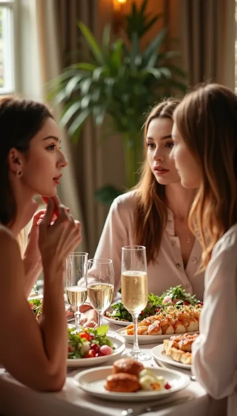 A group of female friends enjoying a gourmet meal together, smiling and filled with joy, beautiful intricate details, high resolution, photorealistic, vibrant colors, warm lighting, incredible depth of field, elegant table setting, delicious food, happy ex...