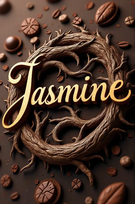 Im looking for a design that says Jasmine where the letters are in cursive that look like wood with roots and details of cocoa and chocolate.

bottomless