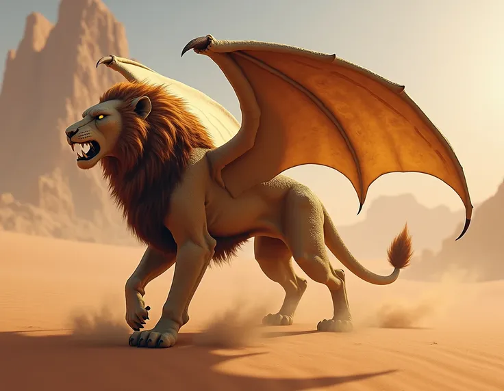 Create a hybrid creature combining the muscular body of a lion and the majestic, scaled wings of a dragon. The creature stands tall and imposing in a vast desert, with towering sand dunes stretching far into the horizon. Its lion-like body is covered in th...