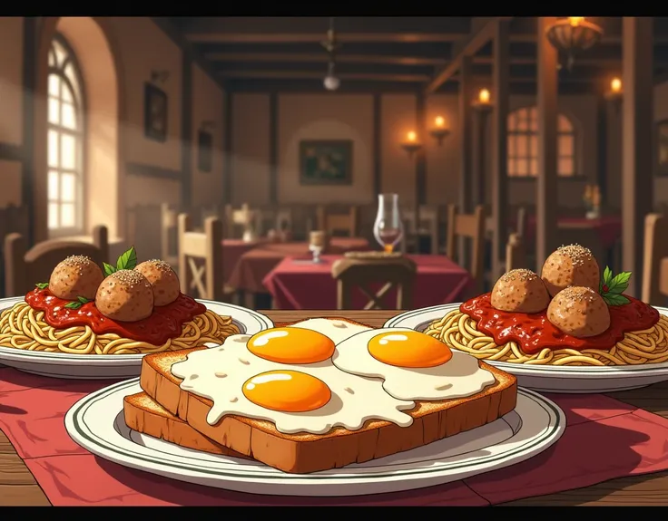 anime style, anime art, anime illustration, Fried eggs on toast ,There are meatballs on a plate with meat sauce spaghetti,Ghibli food,Medieval Tavern