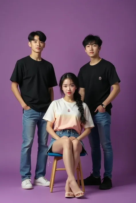 Looks real 7 model korea yang cantik memakai kaos beda beda warna dipadukan dengan rok mini jeans,  hair half up half down braided in half , am sitting,   flanked 2 handsome korean men wearing black and white t-shirts and jeans . on purple background , Loo...