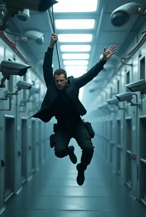 Ethan hunt trying to escape from fully securities room with lots of camera and he is hanging with rope