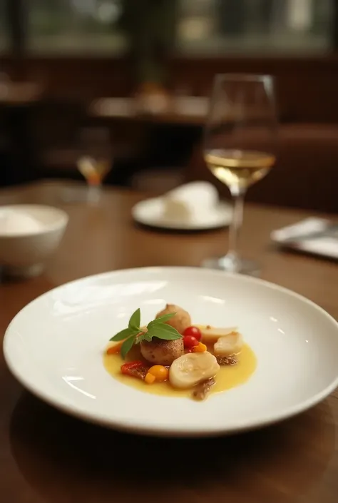 On a table in a fine restaurant, a plate is filled with just a few fine, cooked ingredients.