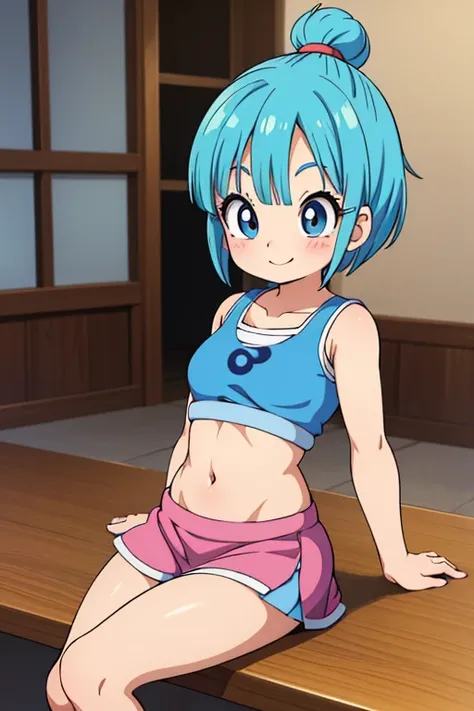 Bulma de Dragon Ball Daima, It must be small , adorable, young, sensual (100),  short light blue hair .  very pretty girl . sensual legs. tight top. Mechanical workshop. software. cute. Little girl. look at the viewer. happy smile. illusion . fitted bodice...