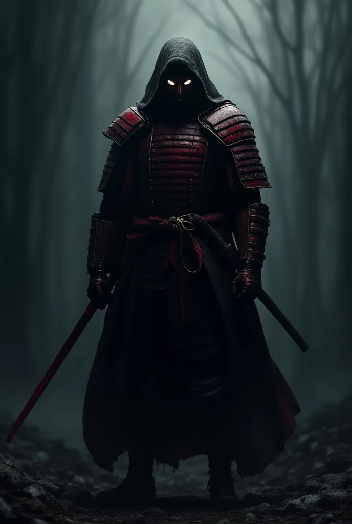 Generate a samurai with a dark background and red color, dark motivation manipulation,