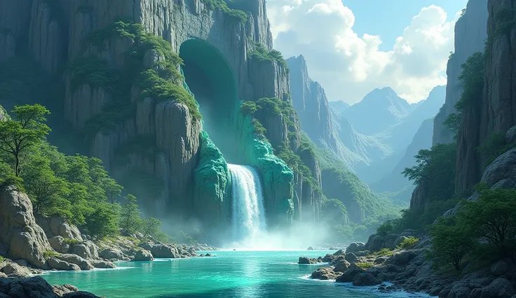 There is a mountain made of jade and metal ore，There is a naturally formed cave in the middle of the mountain， water flowing out of the cave， and a river originates from here （ best quality on the tree，4K，8k， high resolution ，masterpiece：1.2），Super details