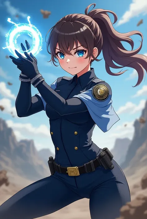 Police profession fairy 
, pretty young woman,anime ,cartoon , in armor with handcuffs in one hand and a power ball in the other hand,  desperately attacking  