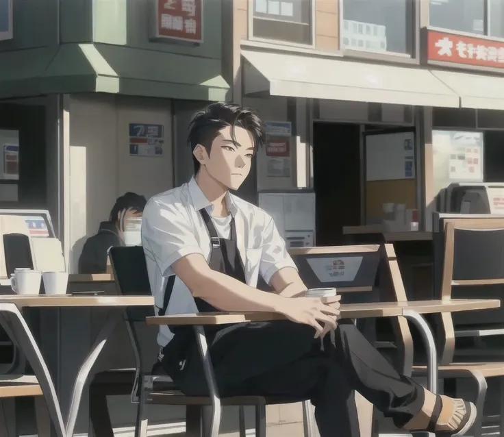 A man sitting in a steel chair, in front of convenience store, coffee on table, a lone with thought.