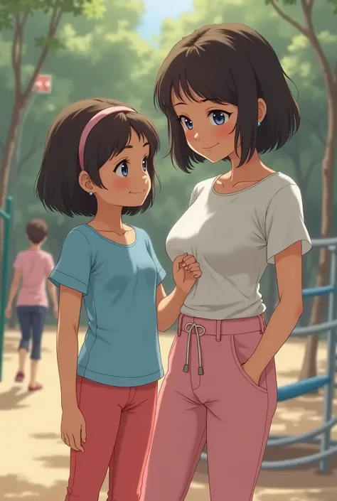 1 girl, 9y, 1 mother, standing, mother gently grabs one of her daughter’s breasts, playground, light blue shirt, skintight pink leggings, waist string, no breasts, short bob hair, hair band, earrings, sneaky smile, blushes, blue eyes, realistic, people in ...