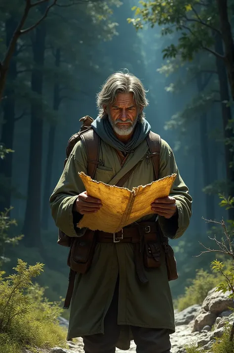 “A lone traveler with a tense expression arrives at the edge of the dark forest, holding an old, weathered map in his hand, looking hesitant but determined.”
