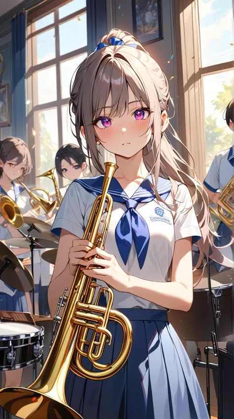 The girl in charge 、 serious look、Shining Eyes、 long hair in a ponytail、School uniform、 holding a trumpet 、Small breasts、 Confident Atmosphere 、  
   break、  
   Bright Daylight 、(Vibrant colors :1.3)、 metallic brilliance of musical instruments 、 energetic...