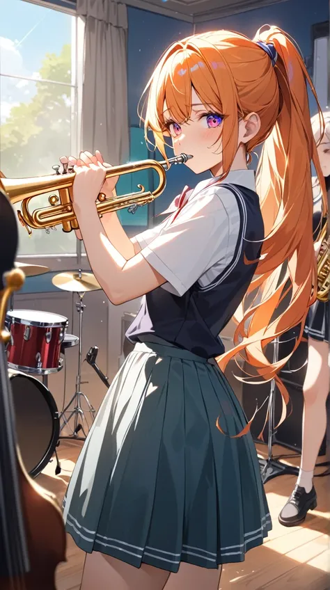 The girl in charge 、 serious look、Shining Eyes、 long hair in a ponytail、School uniform、 holding a trumpet 、Small breasts、 Confident Atmosphere 、  
   break、  
   Bright Daylight 、(Vibrant colors :1.3)、 metallic brilliance of musical instruments 、 energetic...