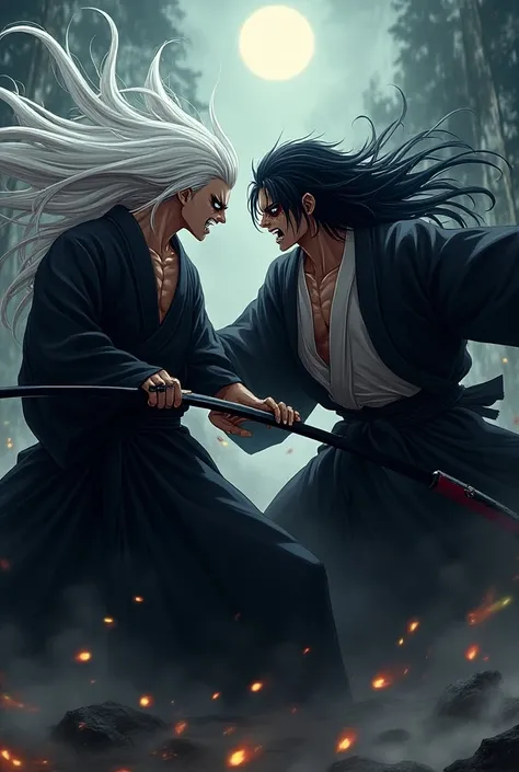 A psychopathic anime killer with long white hair in a black kimono and an evil and scary smile that scares me too much that I know a man who is big and strong and is fighting with another psychopath with black hair and blue eyes and a black and white kimon...