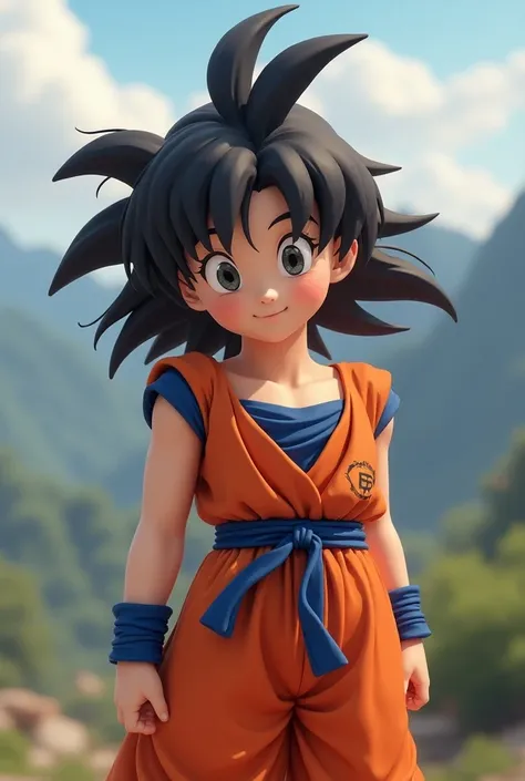  Goku is a woman, 1 girl,  long hair, smile, blush, strip,  Paoz mountains background,  masterpiece , HD model, dragon ball z