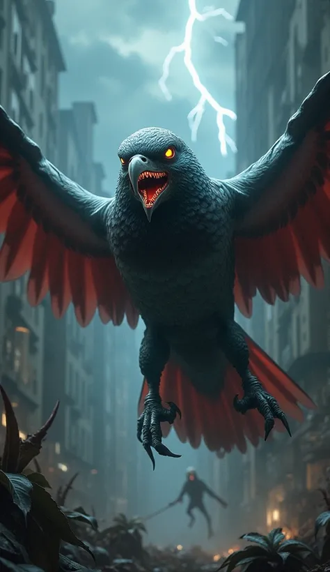 Create a monstrous hybrid that seamlessly combines the features of a macaw and a pigeon into a dangerous, fearsome creature. The hybrid should have the colorful, powerful wings and hooked beak of the macaw, merged with the stout body and more subdued grayi...