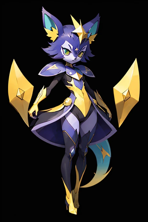  Pokémon-style illustration of a small kitten looking like a galaxy.  The body is composed of dark shades of blue , purple and gray,  that recall the nebulae and stars of the cosmos .  A small prominent golden four-pointed star is on the forehead, embossed...